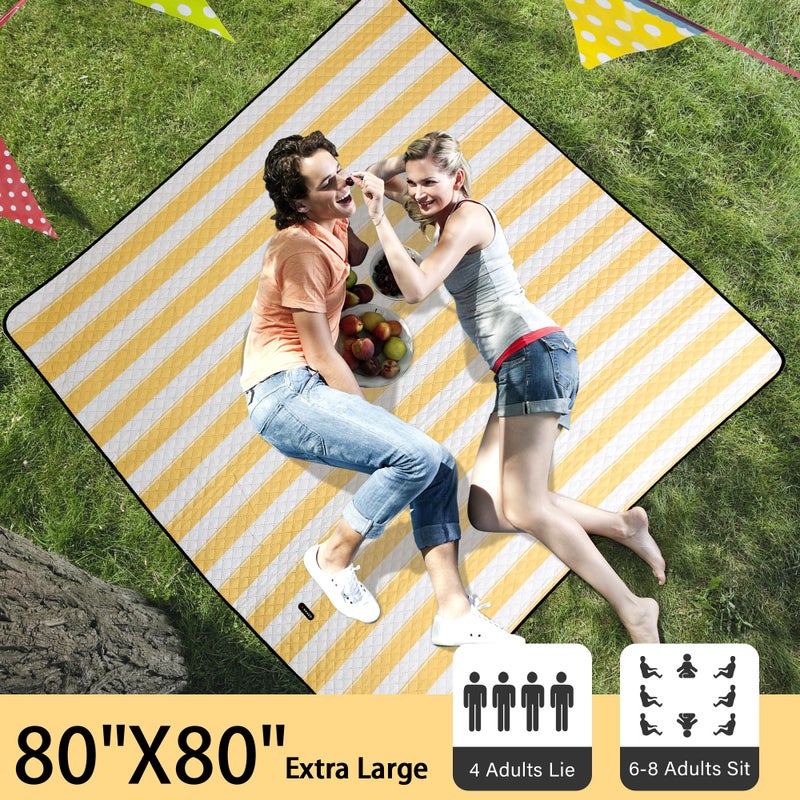 HX&OD بطانية نزهة كبيرة جدًا في الهواء الطلق مقاس 80 × 80 مقاومة للماء للنزهة بطانية تخييم قابلة للطي مع حزام حمل لحصيرة الشاطئ وحفلات التخييم في الهواء الطلق (أصفر) - Image 2